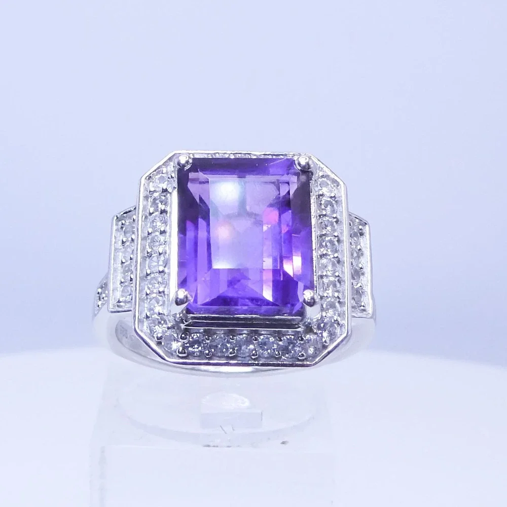 D'Joy Platinum Over 925 Silver Purple Amethyst Zircon Deco Halo Ring 7